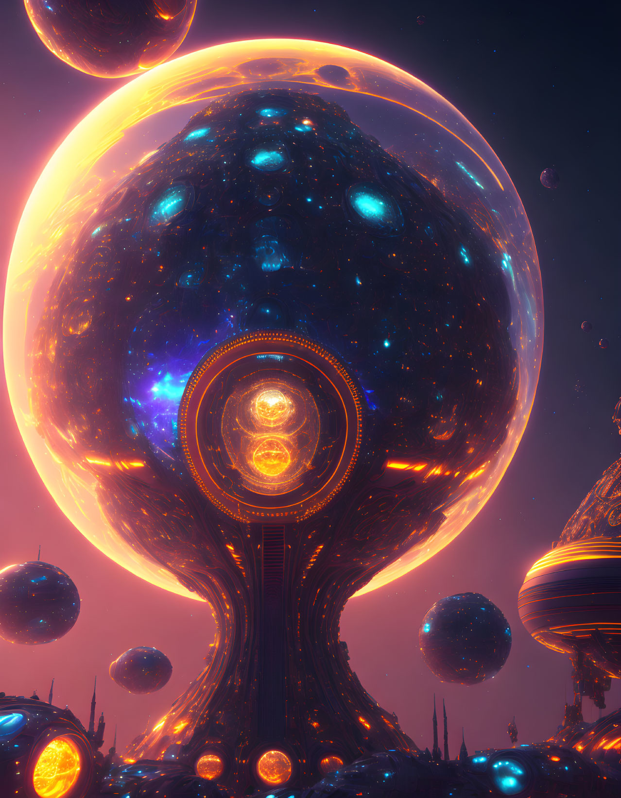 Vibrant sci-fi landscape with giant ornate structure and celestial bodies in orange and blue hues