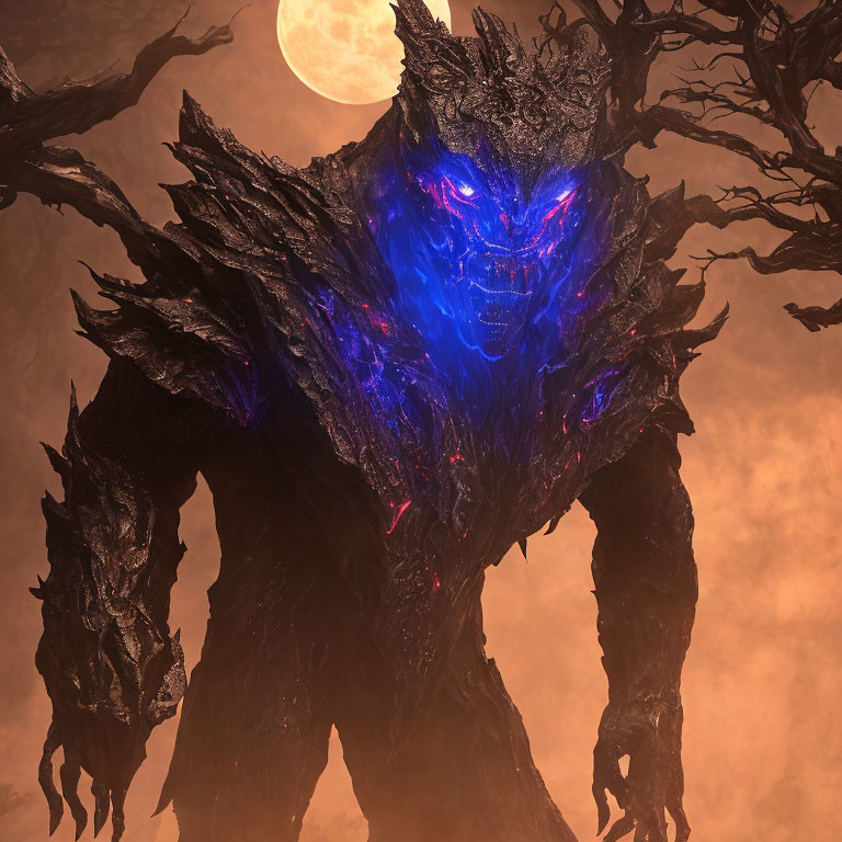 Glowing blue-eyed tree-like creature under moon in ominous setting