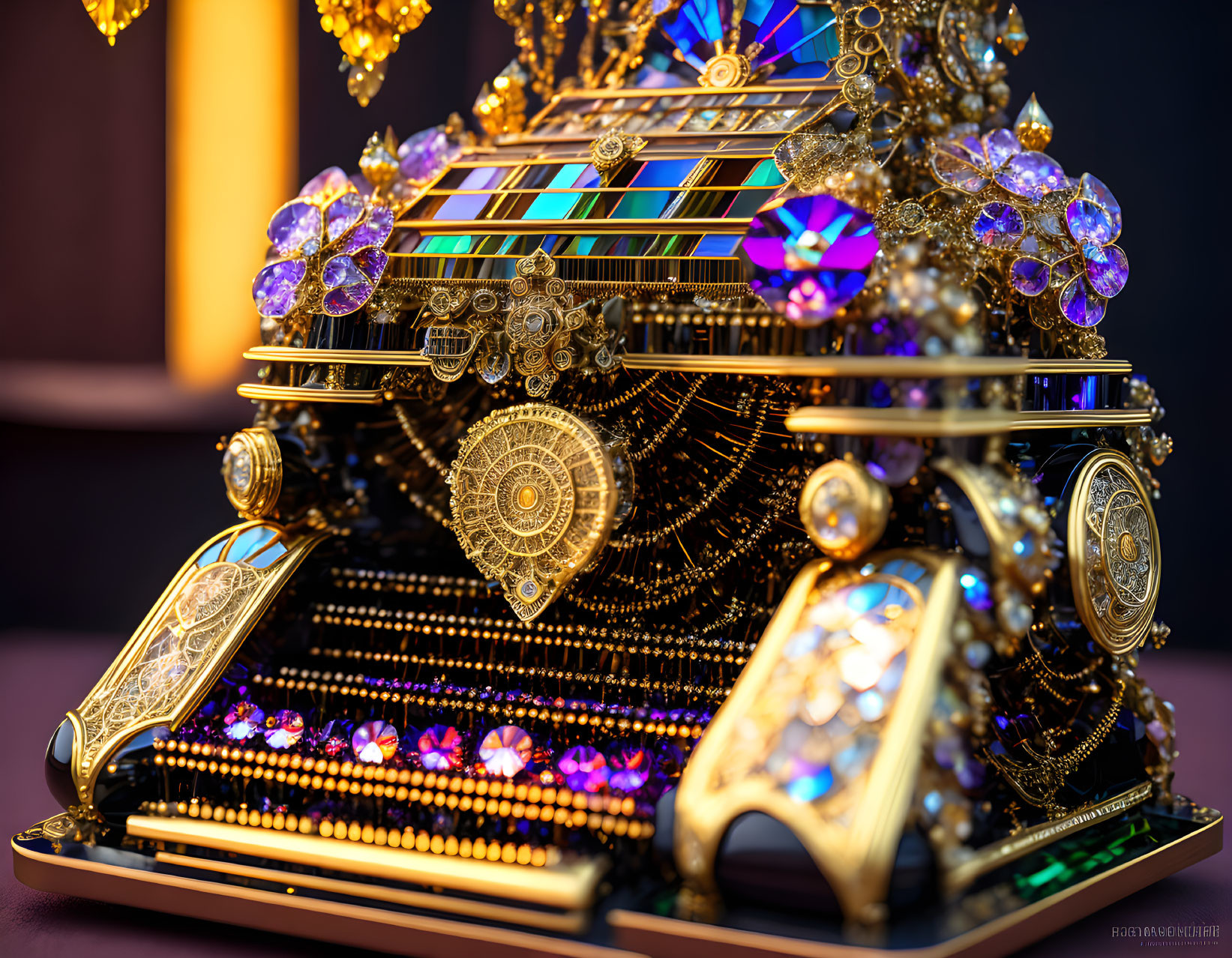 Jewel-encrusted typewriter with gold and iridescent stones on dark background