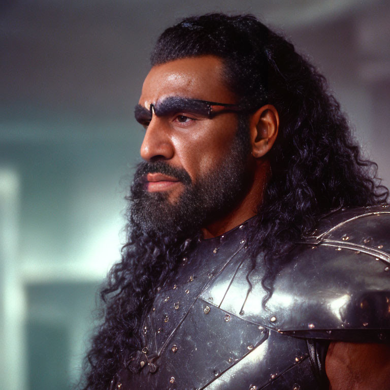 Long-haired man in warrior costume with beard and eye makeup