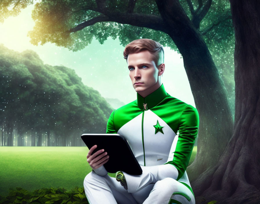 Man in futuristic superhero suit with tablet in lush park