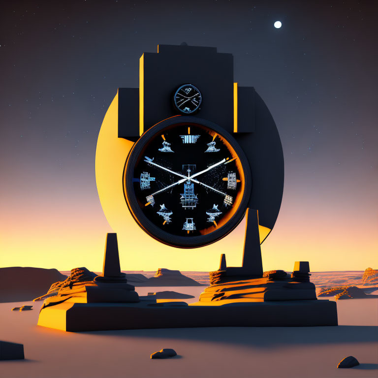 Giant glowing wristwatch in desert at twilight