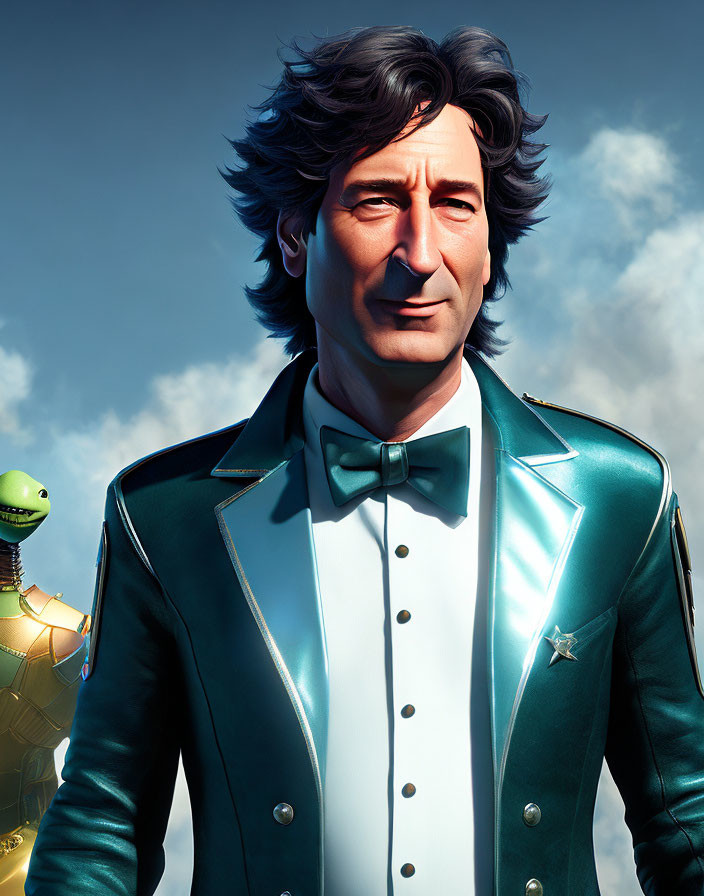 3D-rendered man in green tuxedo with wavy hair on blue sky background