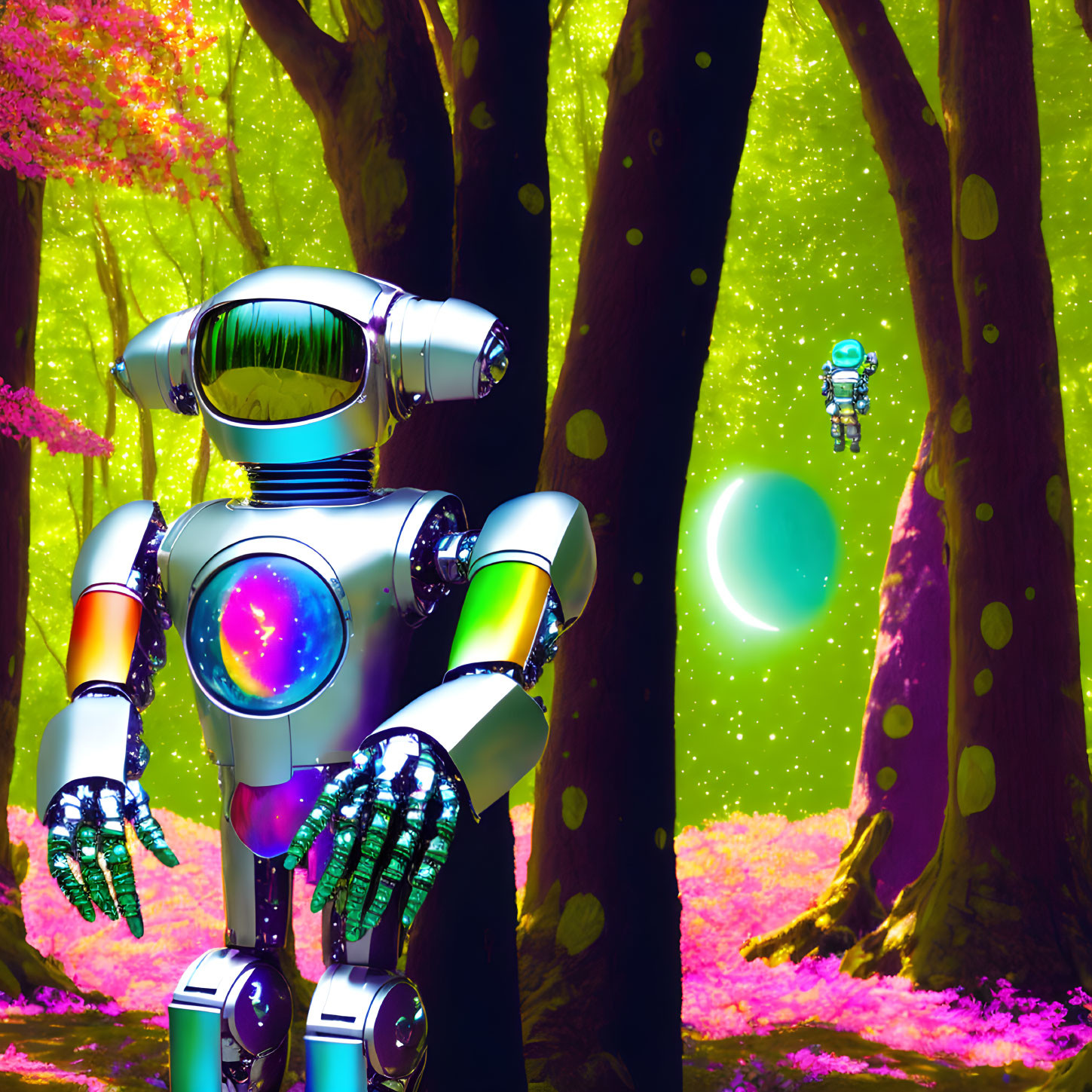 Colorful Robot Illustration in Vibrant Forest Setting