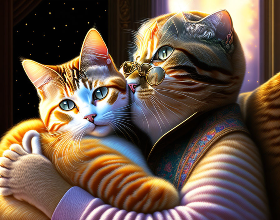 Intricately detailed animated cats embracing under starry night sky