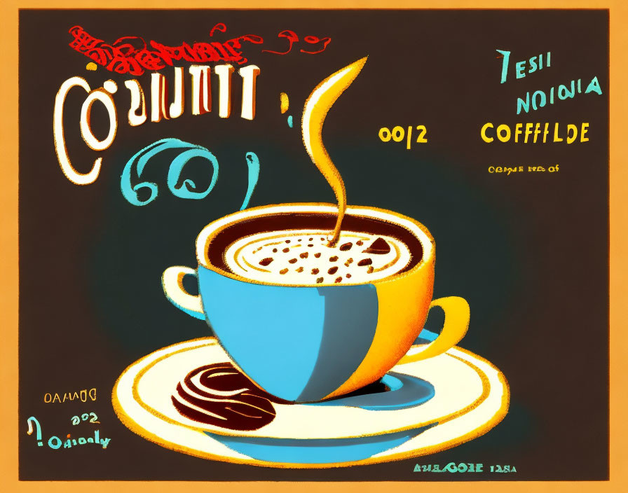 Colorful Coffee Cup Illustration with Artistic Text and Designs on Warm Background