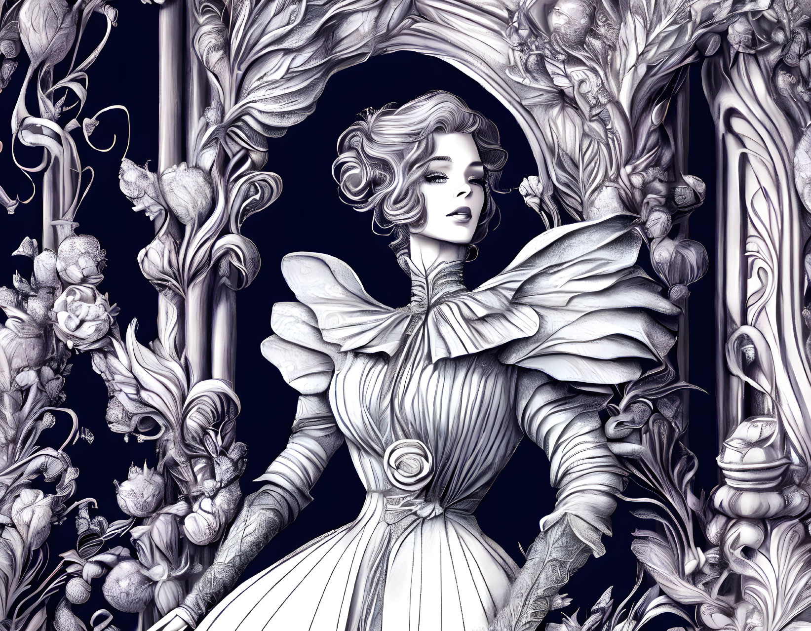 Detailed Monochrome Illustration: Woman in Elegant Dress with Ornate Floral Motifs