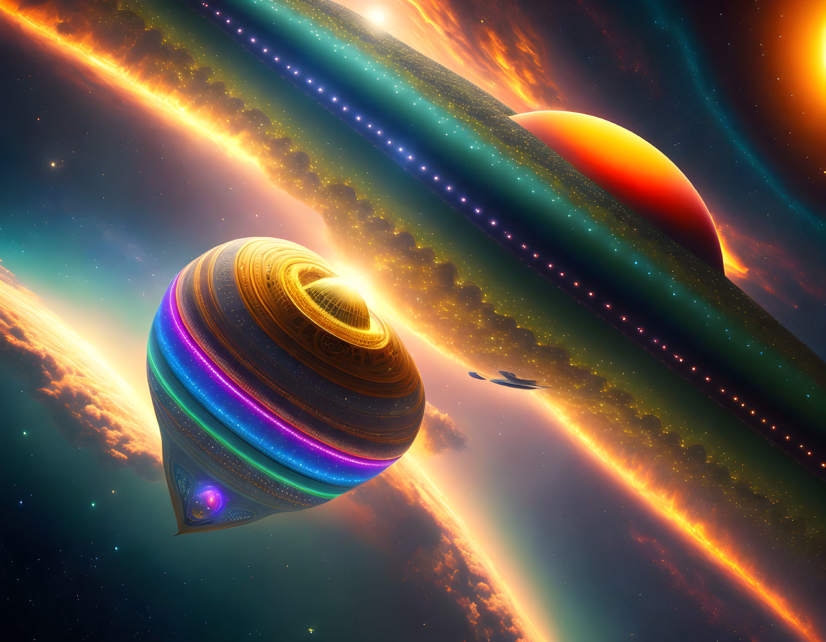 Futuristic spaceship orbiting colorful alien planet in fiery nebula