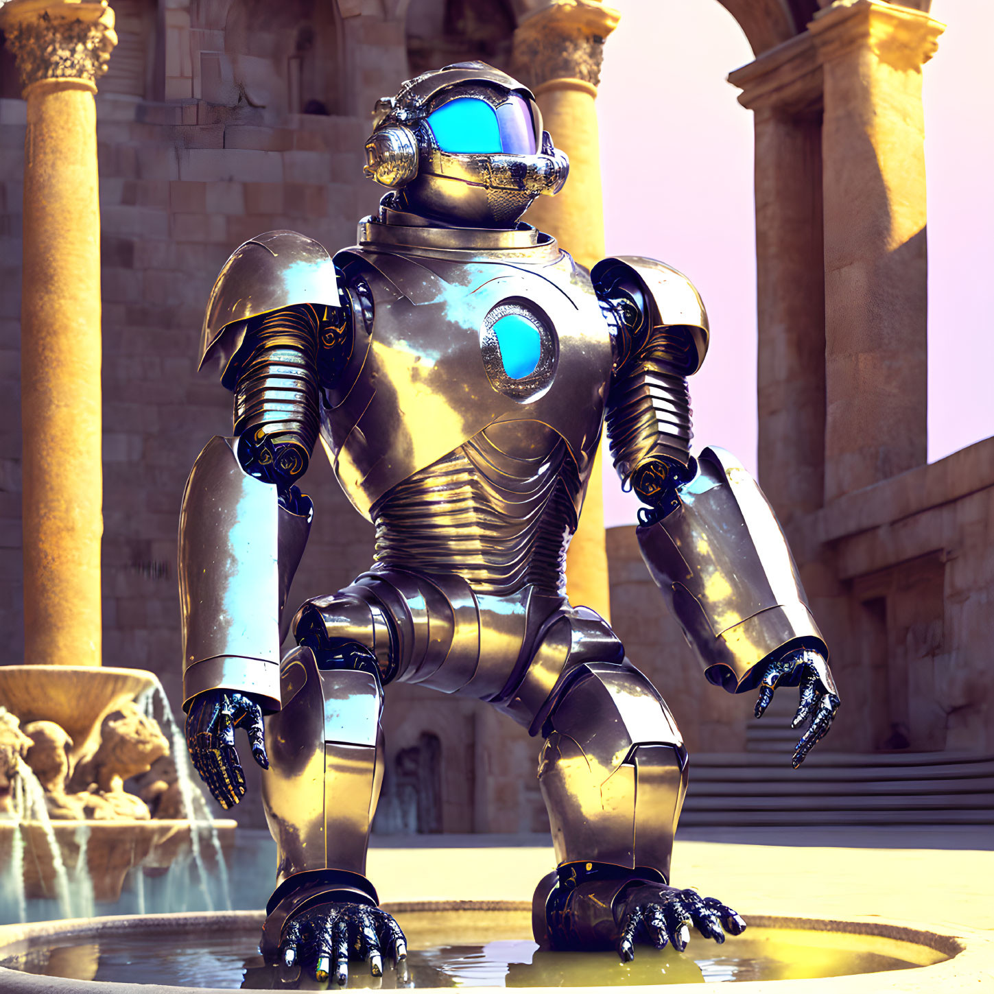 Futuristic robot with metallic body and blue energy core in sunlit plaza