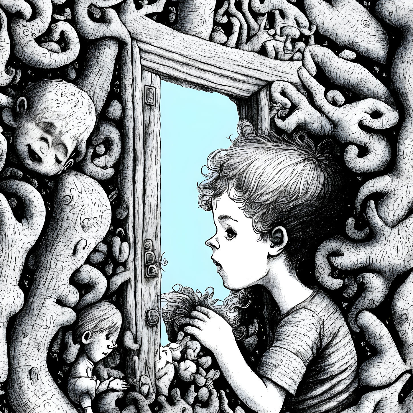 Child gazes at surreal creatures through swirling door.