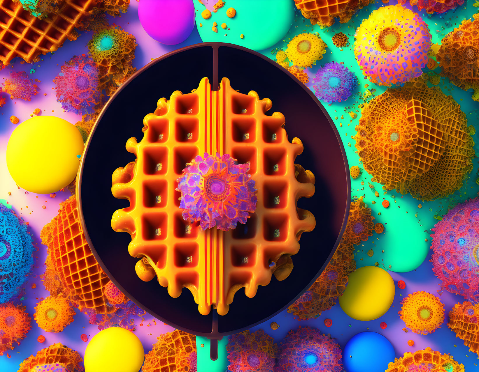 Colorful digital art: central waffle, intricate designs, spheres, abstract shapes on teal.