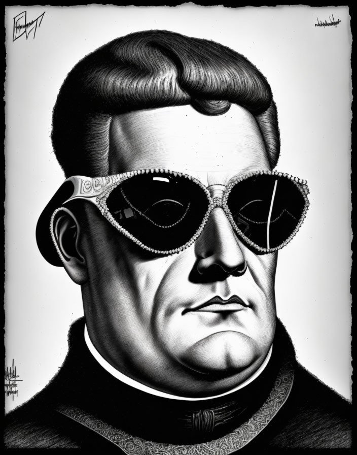 Monochromatic caricature of a man with unique hair, sunglasses, high-collared coat,