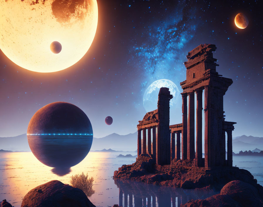 Surreal sci-fi landscape: water planet with ancient ruins, moons, and planets in starry