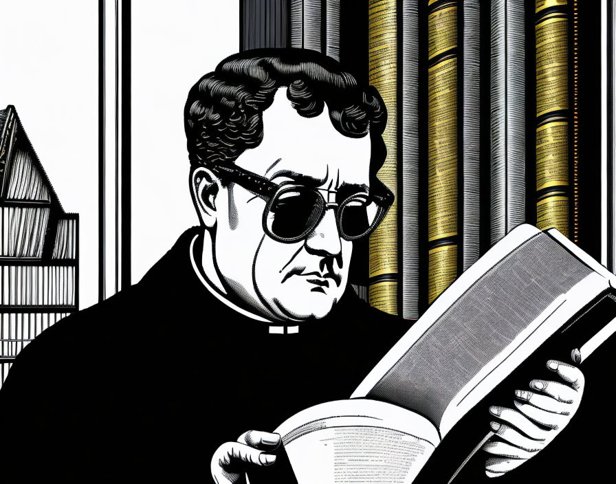 Monochrome illustration of clergyman reading book with window and curtains