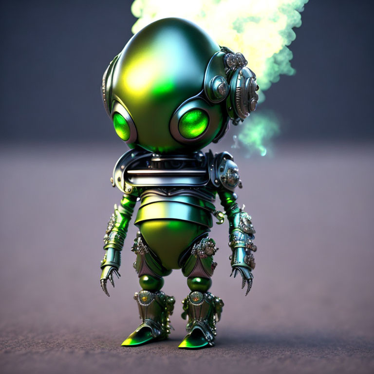 Small Green and Silver Robot 3D Illustration with Glowing Eyes and Smoke Emission