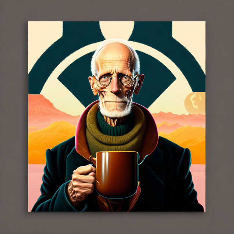 Elder man with glasses holding mug in desert moon backdrop