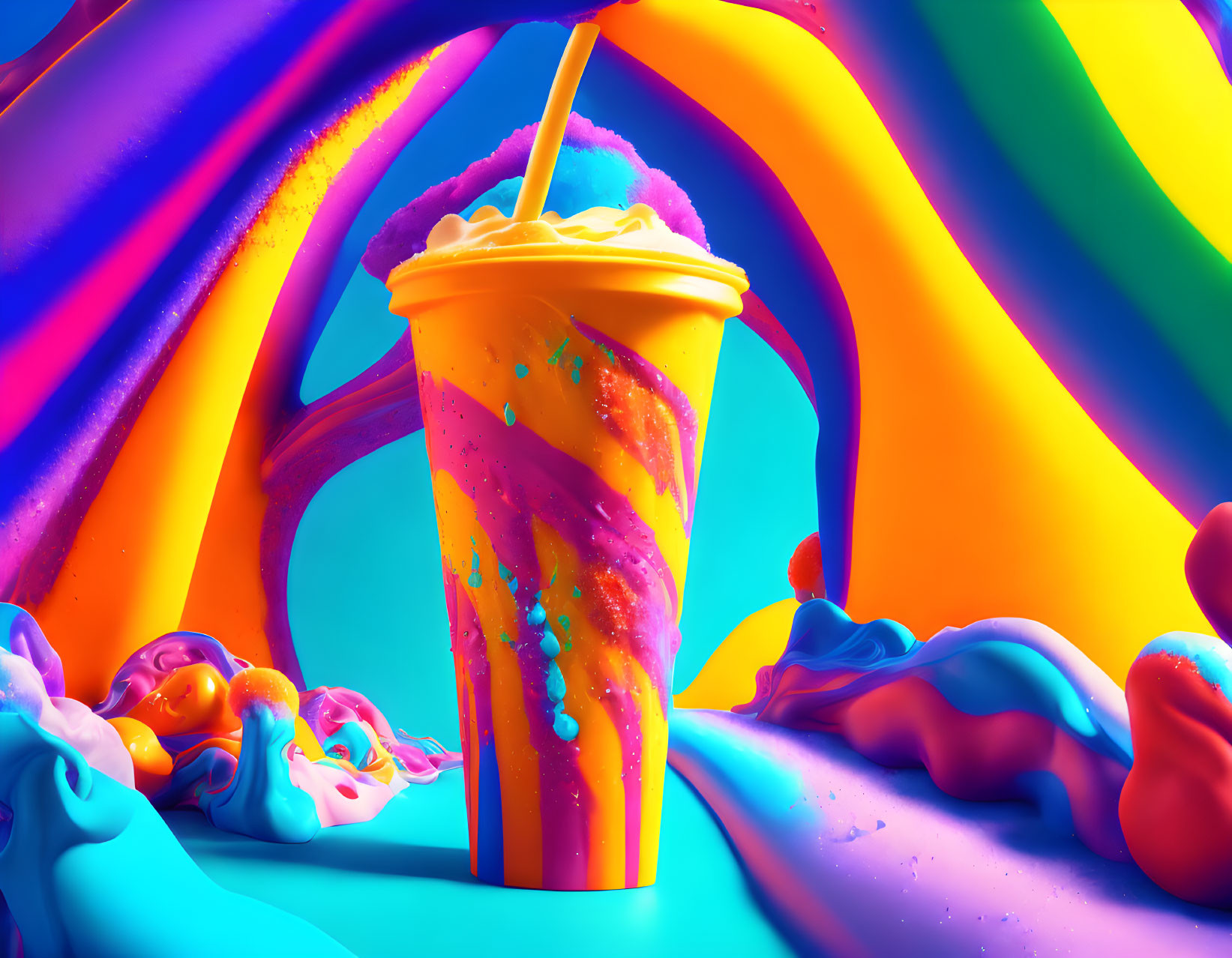 Colorful Paint Splatter Cup on Rainbow Swirl Background