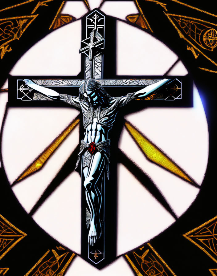 Illustration of Jesus on the cross with vibrant stained glass backdrop.