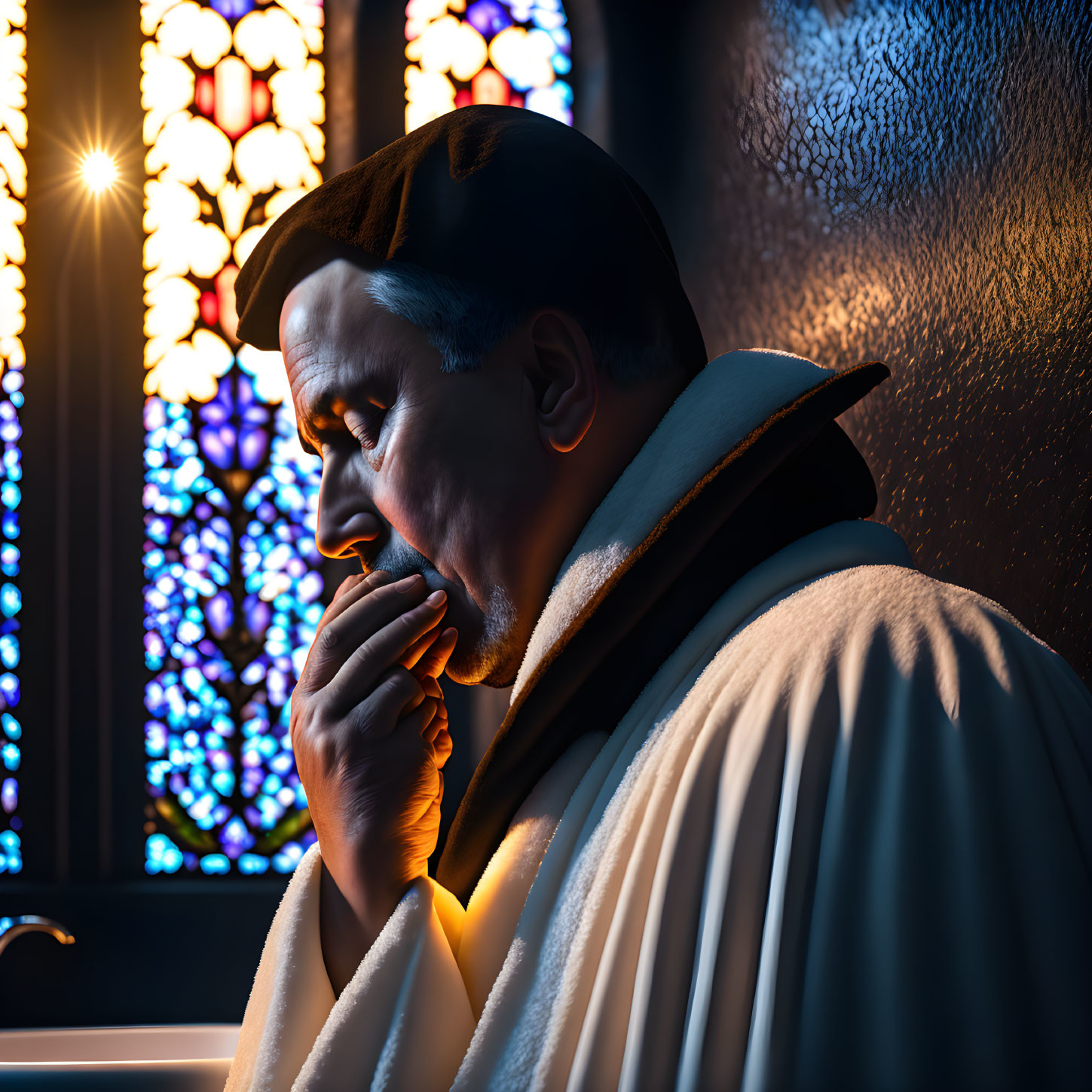 Religious figure in deep contemplation by stained-glass window