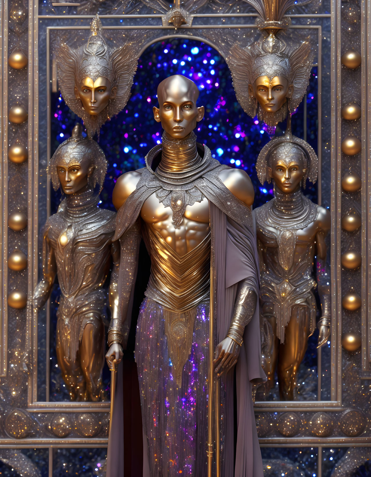 Golden statues with headdresses and capes against starry backdrop