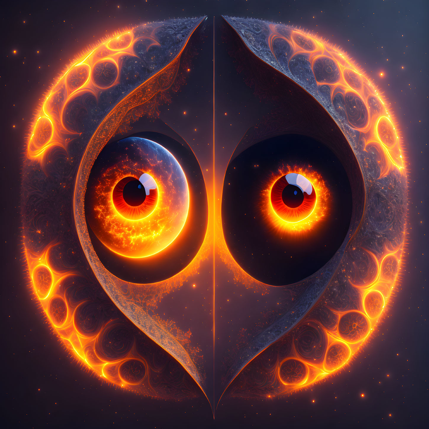 Symmetrical celestial pattern with fiery owl eyes