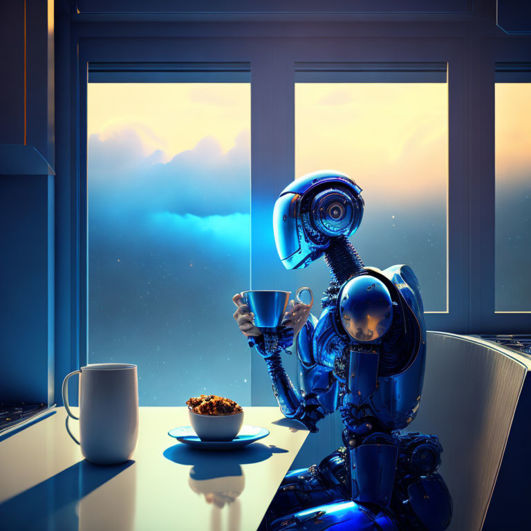 Humanoid Robot Sitting by Window with Cup and Snacks