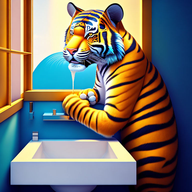 Illustration of tiger at sink with mirror and window view