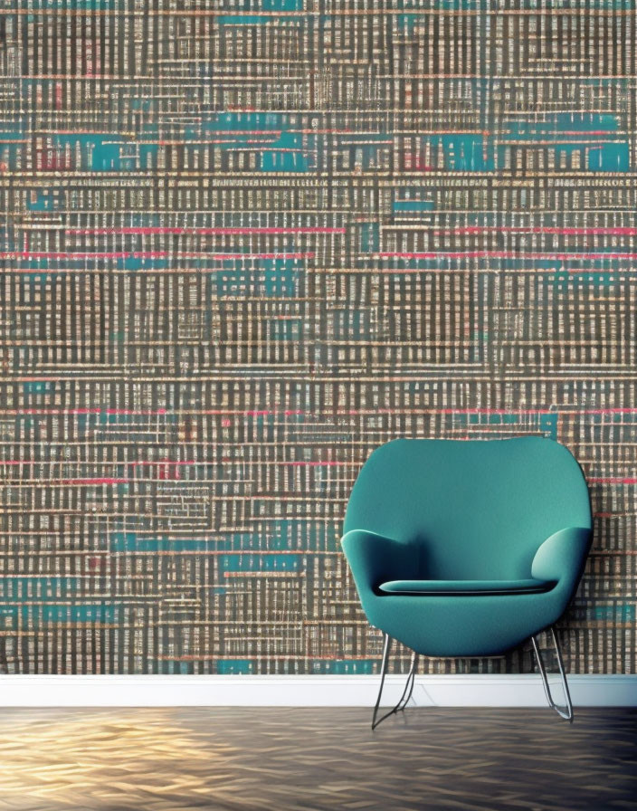 Teal Chair on Geometric Wallpaper with Wood Floor