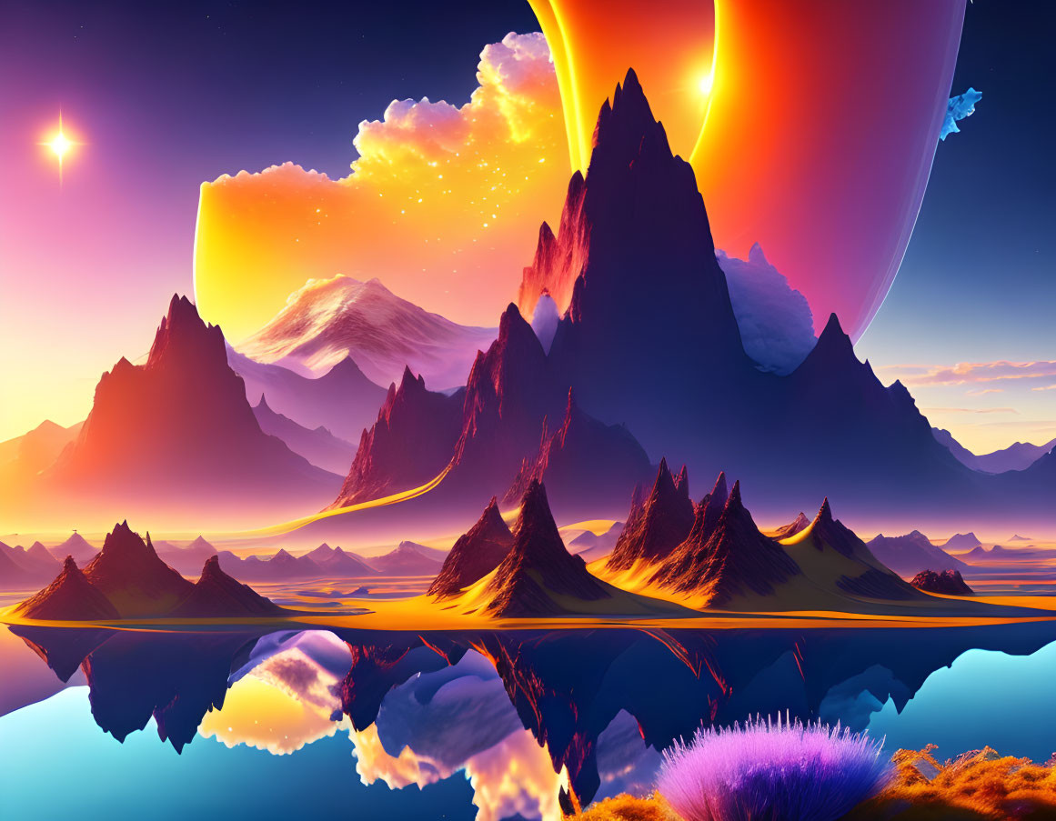 Colorful surreal landscape with sharp mountains, reflective lake, oversized planet, and nebula.