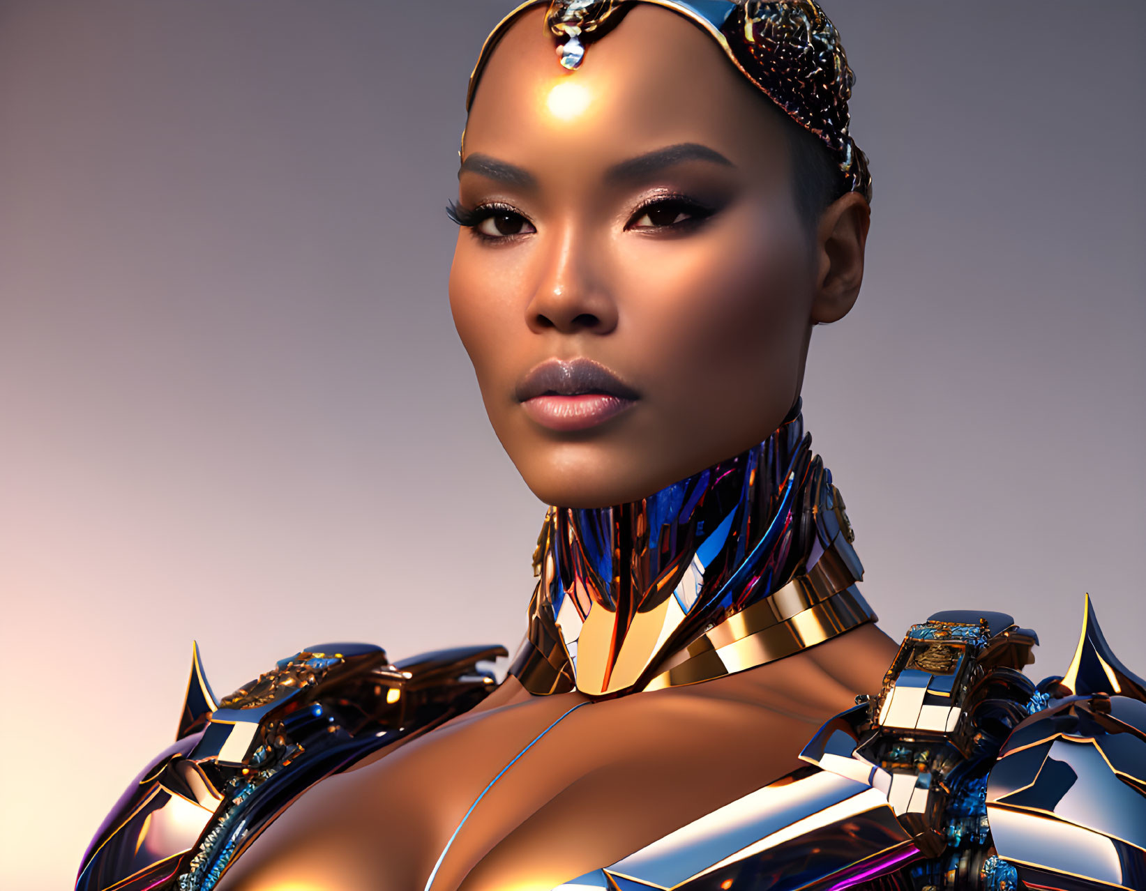 Futuristic woman in metallic armor with gold details on warm gradient background