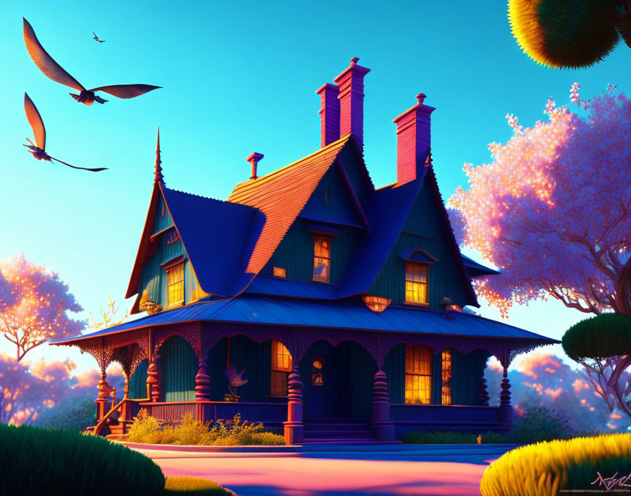 Victorian-style house illustration at sunset with vibrant colors and birds in manicured gardens.