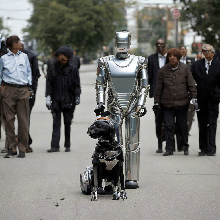 Shiny-suited humanoid robot walks robotic dog in city street