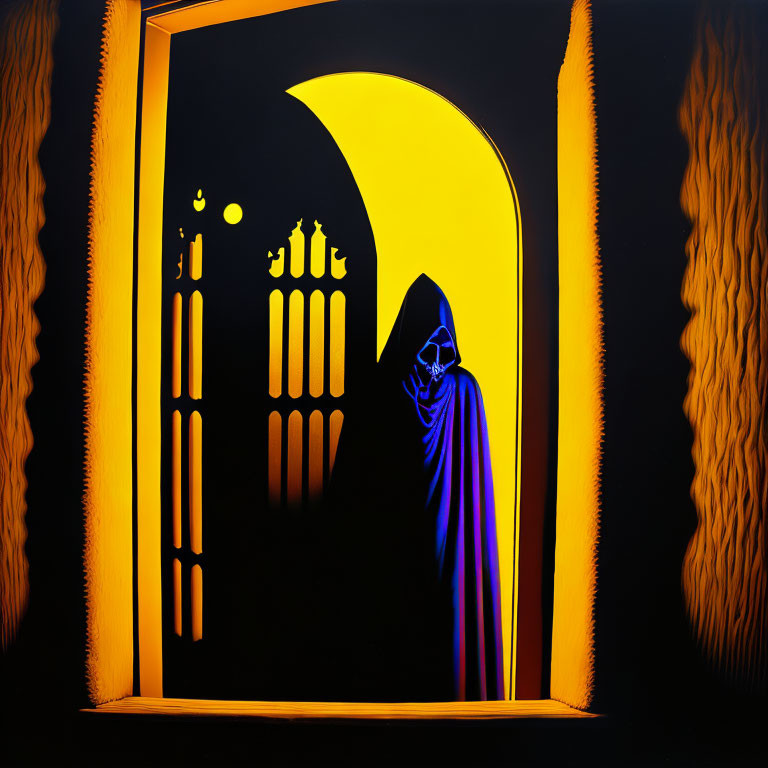 Silhouetted figure in cloak at yellow-lit arched doorway with ornate candle-like designs