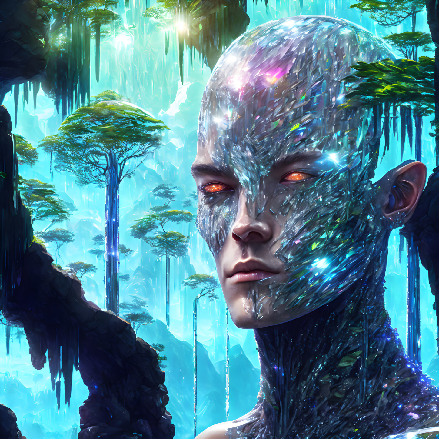 Cosmic humanoid with star-filled skin in mystical forest landscape