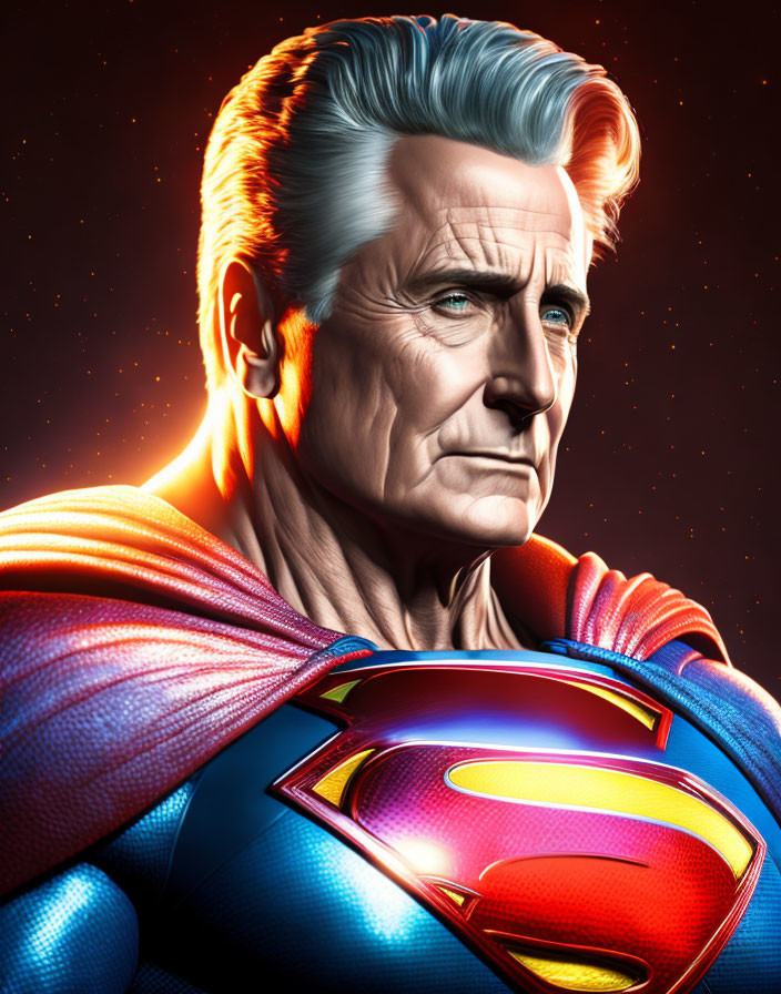 Aged Superman with grey hair in classic blue and red suit