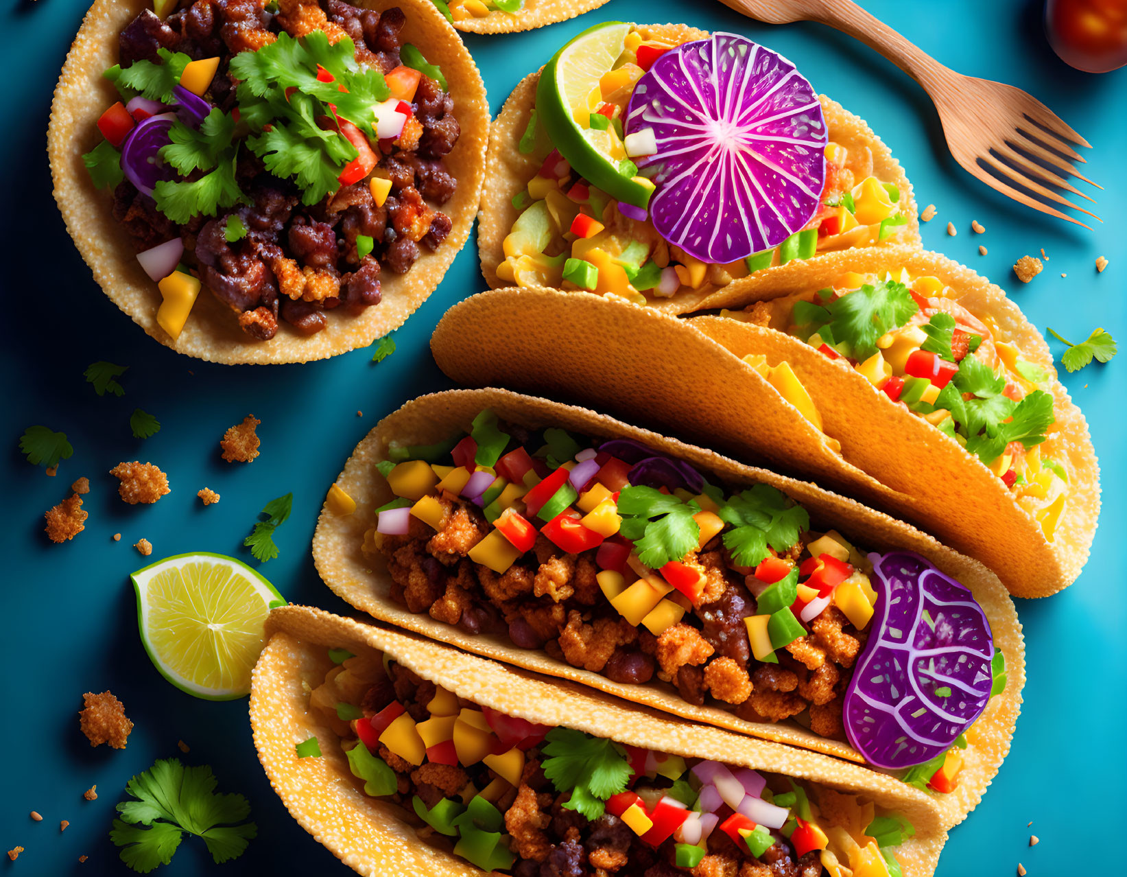 Trio of meat-filled tacos with cilantro and lime on blue backdrop