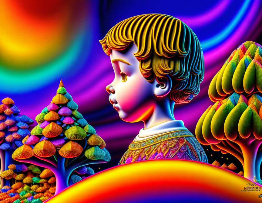 Child Observing Psychedelic Landscape with Colorful Trees