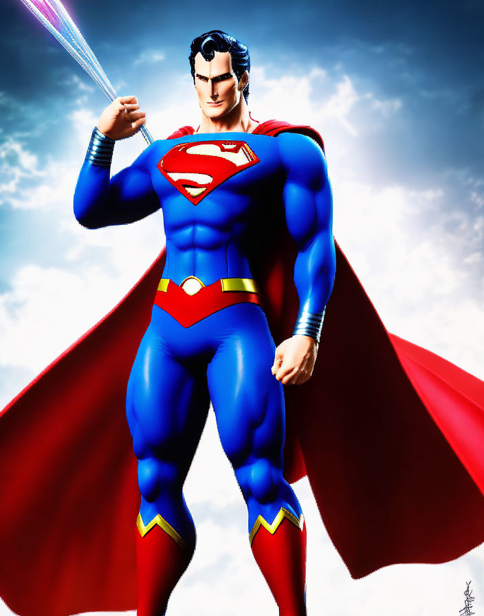 Superman Illustration: Confidently standing with sword in hand against blue sky.