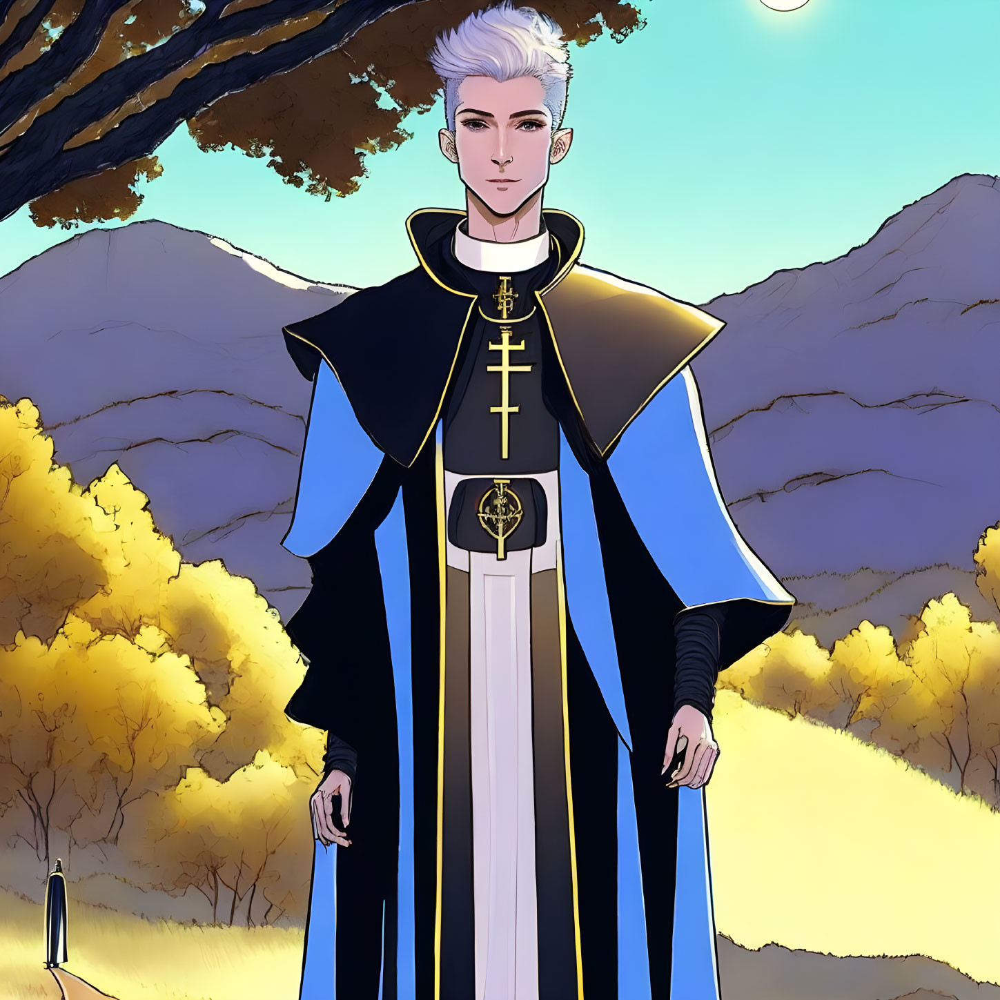 Silver-haired character in blue and gold robe amid autumn trees