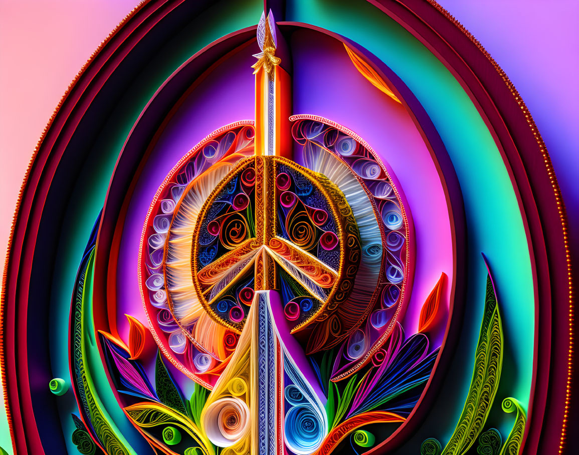 Multicolored digital artwork: Peace symbol with intricate patterns