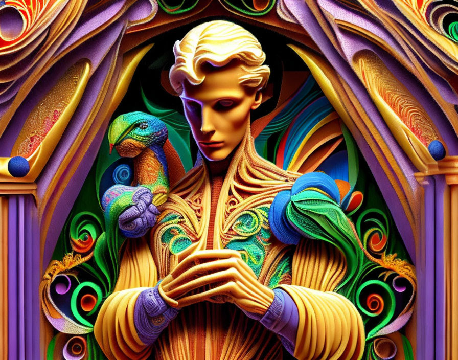 Colorful digital artwork: stylized figure with peacocks & intricate patterns