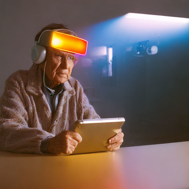 Elderly person using VR headset, headphones, and tablet in dimly lit room