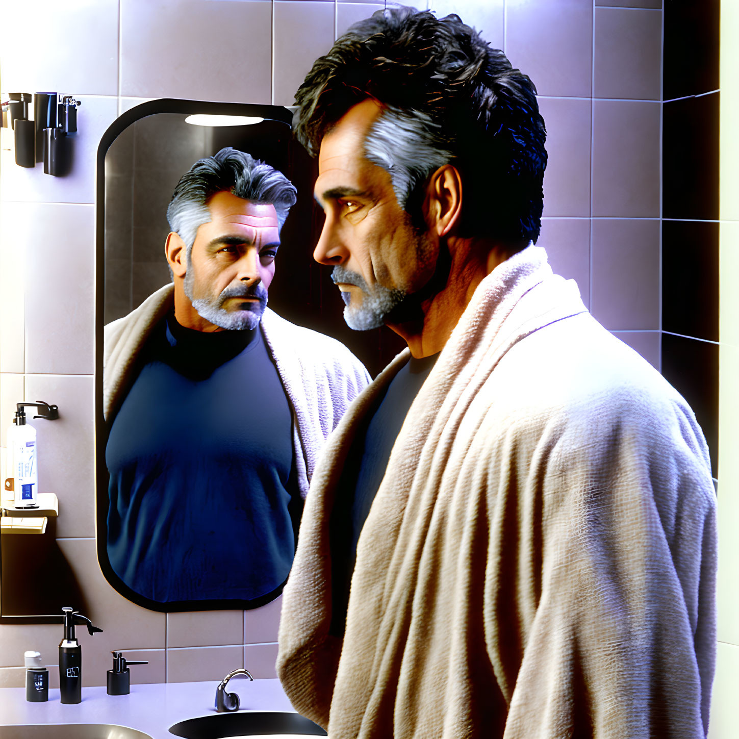 Silver-haired man in beige bathrobe gazes at reflection in bathroom mirror