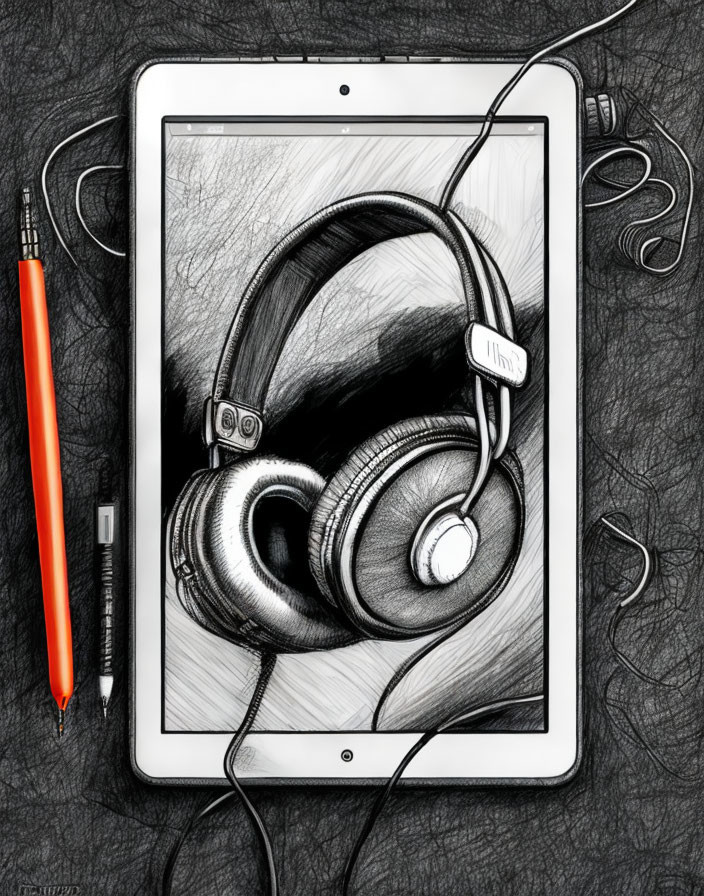 Sketched image on tablet: Headphones and pencil merge technology with traditional drawing