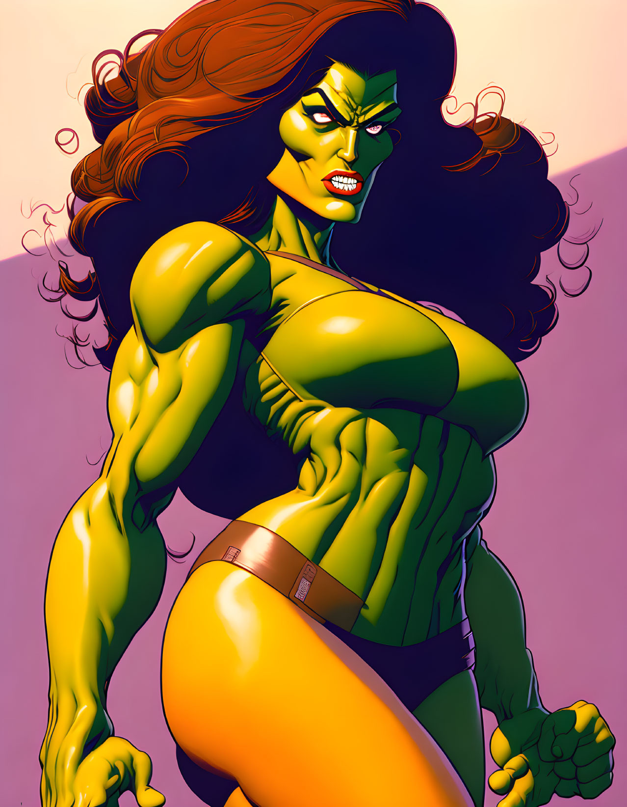 Muscular, Green-Skinned Female Superhero in Purple and White Outfit