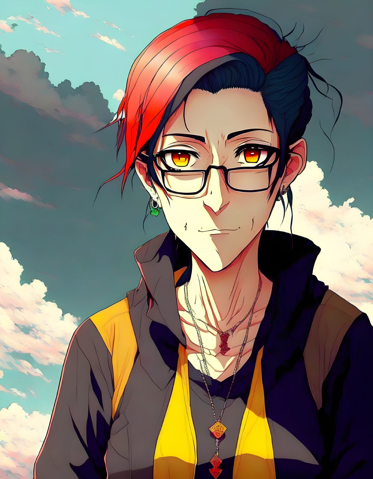 Illustration of person with red and black hair, yellow eyes, glasses, in black and yellow jacket