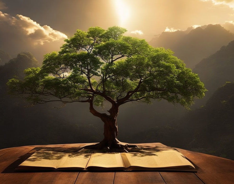 Lush tree sprouting from open book on wood surface, misty mountain backdrop