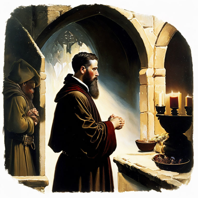 Two monks in stone archway praying with rosary beads and bowing head beside table with lit candles