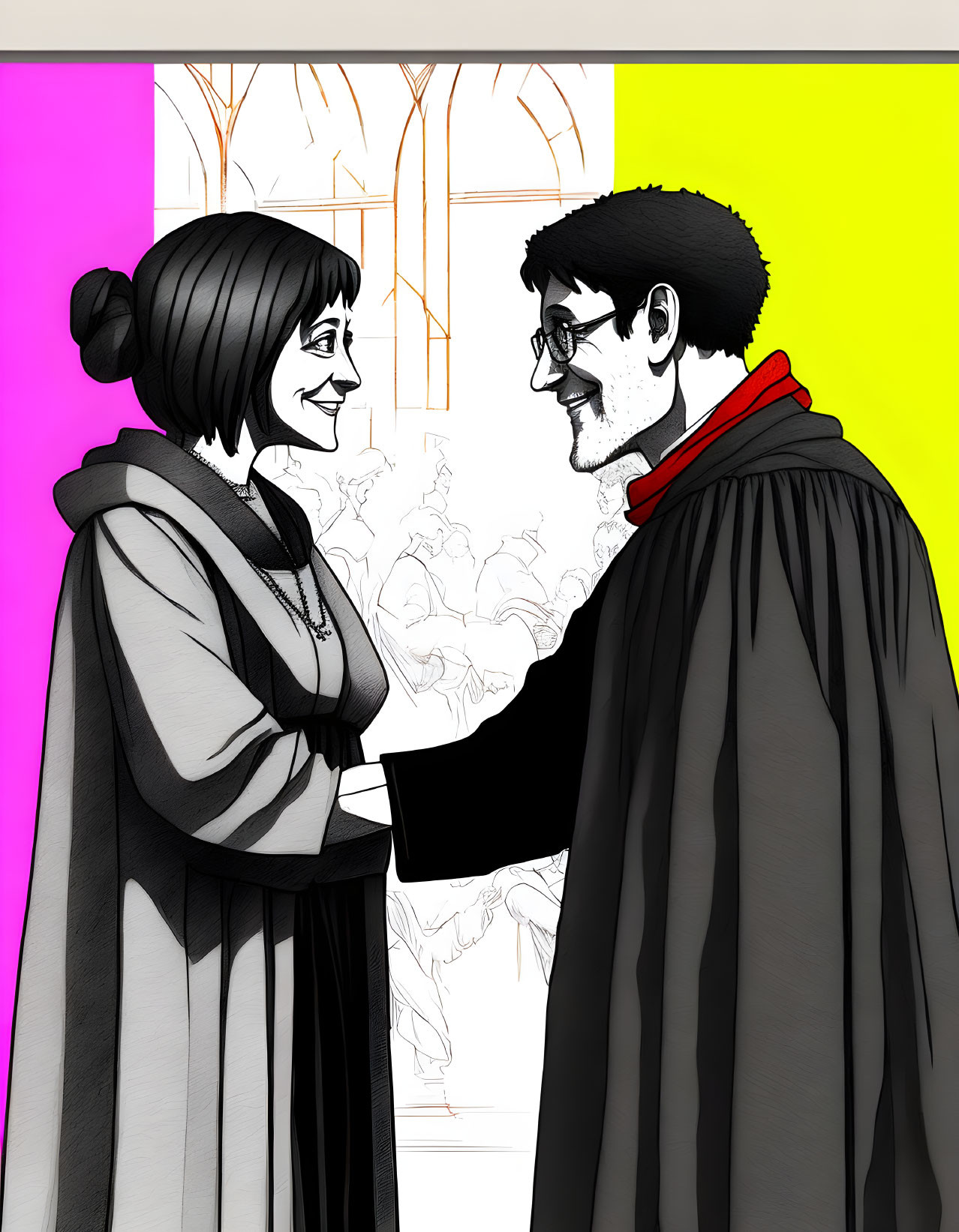 Two smiling characters in a hooded robe and glasses having a friendly conversation