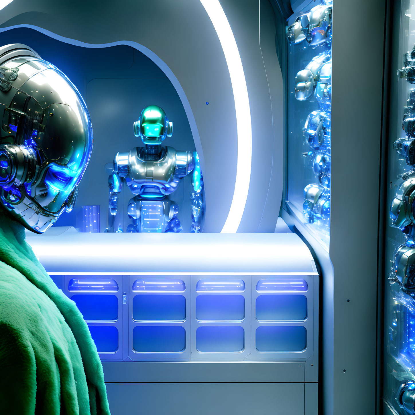 Futuristic robot in green cloak at high-tech facility with spherical robot heads